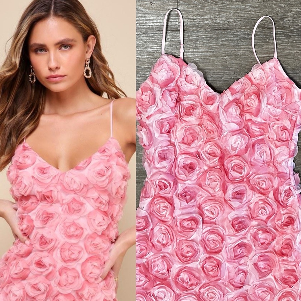 Lulu's Pink Rose Applique Spaghetti Strap Dress - Picture 3 of 6